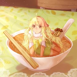 Rule 34 | 1girl, ahoge, arm support, bad id, bad pixiv id, blonde hair, bow, bowl, brown eyes, chair, chopsticks, collar, dress, food, green dress, hat, highres, in food, kyabetsu (xkxkinoloveaph), lace, looking at viewer, mini person, minigirl, mushroom, noodles, original, partially submerged, personification, ramen, red hat, solo, spoon, strapless, strapless dress, sunlight, table, tablecloth