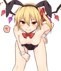 Rule 34 | 1girl, ?, animal ears, bare shoulders, black hairband, black leotard, bow, bowtie, breasts, closed mouth, commentary request, detached collar, fake animal ears, flandre scarlet, hair between eyes, hair ribbon, hairband, hand on own hip, highres, leaning forward, legs apart, leotard, looking at viewer, miyo (ranthath), nipples, playboy bunny, rabbit ears, red bow, red bowtie, red eyes, ribbon, side ponytail, simple background, small breasts, smile, solo, speech bubble, spoken question mark, sweat, touhou, wardrobe malfunction, white background, wings, wrist cuffs