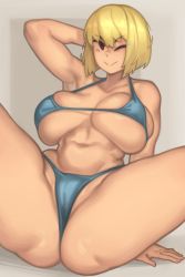 Rule 34 | 1girl, :&gt;, absurdres, arm support, ass, bikini, black eyes, blonde hair, blue bikini, bob cut, breasts, curvy, fallout (series), fallout 4, grey background, highres, huge ass, kelvin hiu, large breasts, looking at viewer, mob face, naughty face, navel, one eye closed, shiny clothes, shiny skin, short hair, simple background, sitting, solid oval eyes, solo, spread legs, standing, swimsuit, thong, thong bikini, underboob, vault girl, wide hips, wink