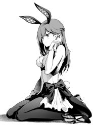 Rule 34 | 1girl, alice gear aegis, animal ears, bare shoulders, bow, bowtie, breasts, commentary request, full body, greyscale, tucking hair, highres, long hair, looking away, medium breasts, monochrome, panties, pinakes, rabbit ears, rabbit girl, rabbit tail, ribbon, sitting, sleeveless, solo, tail, underwear, usamoto anna, wariza, wrist cuffs