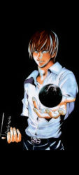 Rule 34 | 00s, 1boy, book, brown hair, dark, death note, death note (object), dress shirt, earth (planet), holding, looking at viewer, lowres, male focus, shirt, short hair, smile, solo, world, yagami light