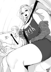 Rule 34 | 1boy, 1girl, absurdres, artist name, bangs pinned back, between breasts, breasts, car interior, curvy, dress, feet out of frame, folded hair, glasses, greyscale, group name, hair pulled back, highres, huge breasts, inne sulistya robin, long sleeves, looking at viewer, merchandise, monochrome, norman maggot, off-shoulder jacket, off shoulder, open mouth, opeth (band), original, rimless eyewear, seatbelt, short dress, short sleeves, sitting, sleeveless, sleeveless dress, smile, strap between breasts, sweatdrop