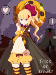 Rule 34 | 1girl, bad id, bad pixiv id, bare shoulders, blonde hair, bloomers, brown eyes, elbow gloves, gloves, halloween, harano, heart, jack-o&#039;-lantern, long hair, midriff, navel, original, pumpkin, solo, striped clothes, striped thighhighs, thighhighs, trick or treat, underwear, zettai ryouiki