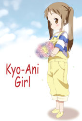 Rule 34 | 1girl, anime coloring, blush, bouquet, brown eyes, brown hair, character name, child, cloud, english text, flower, full body, kyoto animation, kyoto animation cm, miyagawa (kyoto animation), overalls, shirt, smile, solo, standing, striped clothes, striped shirt, twintails, yamasaki wataru