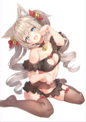 Rule 34 | 1girl, absurdres, animal ears, barbara (genshin impact), bare shoulders, bbeennoodle, bell, black thighhighs, blue eyes, blush, breasts, brown thighhighs, cat ears, choker, cleavage, cleavage cutout, clothing cutout, drill hair, facial mark, fang, garter belt, genshin impact, head tilt, heart cutout, highres, lingerie, long hair, looking at viewer, medium breasts, microskirt, neck bell, open mouth, paw pose, pleated skirt, silver hair, sitting, skirt, smile, solo, thighhighs, twin drills, underwear, wariza, whisker markings, white background