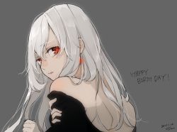 Rule 34 | 1girl, bare shoulders, black dress, closed mouth, commentary request, dated, dress, earrings, from behind, grey background, hair between eyes, happy birthday, highres, jewelry, looking at viewer, looking back, off shoulder, red eyes, sako (35s 00), signature, simple background, solo, white hair