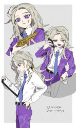 Rule 34 | 1boy, ahoge, alternate hairstyle, bleeding, blonde hair, blood, blue necktie, closed mouth, collared shirt, commentary request, cropped torso, floral print, gun, highres, holding, holding gun, holding phone, holding weapon, injury, jacket, long hair, long sleeves, looking down, looking to the side, makoto kagutsuchi, male focus, master detective archives: rain code, mino (minoponpon10), multiple views, necktie, open mouth, pants, phone, pink blood, ponytail, profile, purple eyes, purple jacket, purple pants, shirt, spoilers, standing, symbol in eye, talking on phone, weapon, white shirt