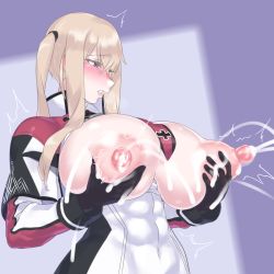 Rule 34 | 1girl, blonde hair, breasts, breasts out, graf zeppelin (kancolle), highres, huge breasts, huge nipples, impossible clothes, kantai collection, lactation, large areolae, mizuumi (bb), nipple stimulation, nipple tweak, nipples, projectile lactation, solo, twintails, upper body
