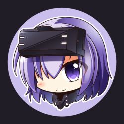 Rule 34 | 1girl, black background, blush, closed mouth, commentary request, cropped torso, eyes visible through hair, fate/grand order, fate (series), gorget, hair over one eye, head, head-mounted display, looking at viewer, mash kyrielight, mash kyrielight (ortenaus), outline, portrait, purple background, purple eyes, purple hair, shachoo., short hair, smile, solo, white outline