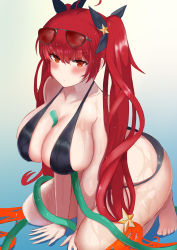 Rule 34 | 1girl, absurdres, ahoge, all fours, azur lane, bare legs, bare shoulders, barefoot, between breasts, bikini, black-framed eyewear, black bikini, black ribbon, blue background, blush, breasts, cleavage, closed mouth, collarbone, commentary request, eyewear on head, gradient background, hair ornament, hair ribbon, highres, honolulu (azur lane), honolulu (summer accident?!) (azur lane), hose, large breasts, long hair, looking at viewer, multicolored hair, orange hair, red-tinted eyewear, red eyes, red hair, ribbon, satou aji, solo, star (symbol), star hair ornament, sunglasses, swimsuit, tinted eyewear, twintails, two-tone hair, very long hair, water, wet