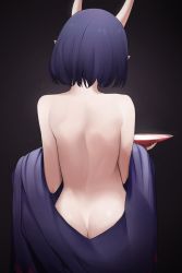 Rule 34 | 1girl, absurdres, alcohol, ass, back, back focus, bare back, bare shoulders, black background, bob cut, butt crack, cup, dimples of venus, fate/grand order, fate (series), from behind, gradient background, highres, horns, japanese clothes, no bra, no panties, oni, open clothes, pointy ears, purple hair, sakazuki, sake, san (harutuki 3), short hair, shuten douji (fate), skin-covered horns, solo, topless, undressing