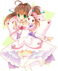 Rule 34 | 1girl, ahoge, arm warmers, bad id, bad pixiv id, blush, boots, bow, brown hair, dress, full body, green eyes, hair bow, hair intakes, hair ornament, hairpin, jewelpet (series), jewelpet twinkle, jewelry, necklace, pink bow, rabbit, ratryu, ruby (jewelpet), sakura akari, short hair, side ponytail, smile, standing, standing on one leg, star (symbol), star hair ornament, thigh boots, thighhighs, white dress, white thighhighs