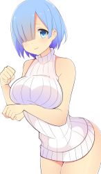 Rule 34 | 10s, 1girl, alternate costume, bad id, bad pixiv id, bare arms, bare shoulders, blue eyes, blue hair, breast hold, breasts, clenched hands, dress, funamutsu, hair over one eye, highres, large breasts, leaning forward, light smile, looking at viewer, matching hair/eyes, re:zero kara hajimeru isekai seikatsu, rem (re:zero), ribbed sweater, short hair, sleeveless, sleeveless turtleneck, solo, sweater, sweater dress, sweater vest, turtleneck, white sweater