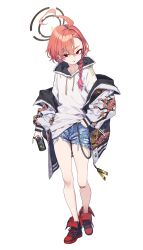 Rule 34 | 1girl, absurdres, ahoge, alternate costume, asymmetrical bangs, baffu, blue archive, braid, can, canned coffee, casual, denim, denim shorts, drink can, earrings, full body, halo, hand in pocket, highres, holding, holding can, hood, hoodie, jacket, jacket partially removed, jewelry, looking at viewer, mole, mole under eye, neru (blue archive), orange hair, red eyes, red footwear, ring, shoes, shorts, simple background, single braid, sneakers, solo, stud earrings, sukajan, torn clothes, torn shorts, white background, white hoodie