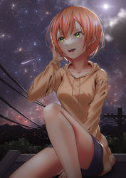 Rule 34 | 1girl, blue shorts, bush, collarbone, commentary, english commentary, feet out of frame, green eyes, hand up, highres, hood, hoodie, hoshizora rin, knee up, looking to the side, love live!, love live! school idol project, night, notinversion, open mouth, orange hair, outdoors, power lines, shooting star, short hair, shorts, sitting, sky, solo, star (sky), starry sky, utility pole, yellow hoodie