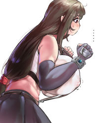 Rule 34 | 1girl, black skirt, breasts, brown hair, covered erect nipples, final fantasy, final fantasy vii, final fantasy vii remake, from side, gloves, huge breasts, long hair, low-tied long hair, see-through, seinto (metameter), skirt, solo, square enix, suspender skirt, suspenders, tank top, tifa lockhart, twitching, white tank top