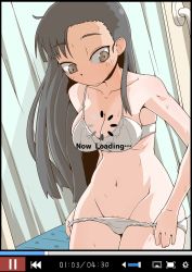Rule 34 | 1girl, artist name, asymmetrical bangs, blush, bra, breasts, brown eyes, brown hair, cleavage, closed mouth, commentary, english text, girls und panzer, groin, long hair, looking at viewer, medium hair, navel, nishi kinuyo, panties, panty pull, fake phone screenshot, signature, smile, solo, standing, straight hair, sweat, underwear, underwear only, white bra, white panties, zannen na hito