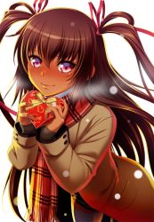 Rule 34 | 00s, 1girl, aoi nagisa (metalder), blush, box, brown hair, candy, casual, chocolate, chocolate heart, coat, dark-skinned female, dark skin, female focus, food, heart, heart-shaped box, highres, lilith-soft, long hair, looking at viewer, mizuki yukikaze, pink eyes, plaid, plaid scarf, scarf, skirt, smile, snowing, solo, taimanin (series), taimanin asagi, taimanin asagi kessen arena, taimanin yukikaze, taimanin yukikaze 2, thighhighs, twintails, two side up, white thighhighs, winter clothes, winter coat
