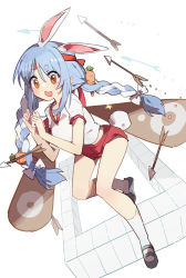 Rule 34 | 1girl, animal ear fluff, animal ears, arrow (projectile), blue footwear, blue hair, blush, bow, braid, breasts, brown eyes, buruma, carrot hair ornament, commentary request, food-themed hair ornament, full body, gym uniform, hair between eyes, hair bow, hair ornament, headband, hololive, long hair, multicolored hair, open mouth, rabbit ears, rabbit girl, rabbit tail, red buruma, red headband, shadowsinking, shirt, shoes, short eyebrows, short sleeves, small breasts, socks, solo, sweat, tail, thick eyebrows, twin braids, twintails, two-tone hair, usada pekora, very long hair, virtual youtuber, wavy mouth, white bow, white hair, white shirt, white socks
