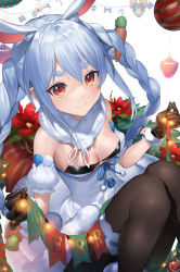 Rule 34 | 1girl, animal ear fluff, animal ears, arm cuffs, banner, black gloves, black pantyhose, blue hair, bow, braid, breasts, candy, candy cane, carrot hair ornament, christmas, christmas wreath, cleavage, commentary, don-chan (usada pekora), feet out of frame, food, food-themed hair ornament, from above, fur-trimmed gloves, fur trim, gift, gloves, hair ornament, highres, holding, hololive, looking at viewer, mamima, medium breasts, multicolored hair, orange eyes, pantyhose, rabbit ears, rabbit girl, reindeer, sitting, smile, solo, star (symbol), twin braids, two-tone hair, usada pekora, usada pekora (1st costume), virtual youtuber, white hair, wreath