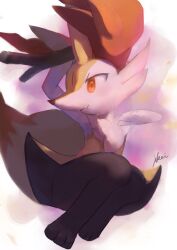 Rule 34 | 1girl, animal ear fluff, animal ears, animal feet, animal nose, arms up, artist name, black fur, blush, body fur, braixen, closed mouth, creatures (company), fang, feet, female focus, flat chest, fox ears, fox girl, fox tail, furry, furry female, game freak, gen 6 pokemon, highres, holding, holding stick, ikei, invisible chair, legs, legs together, light blush, looking to the side, multicolored fur, neck fur, nintendo, pink background, pokemon, pokemon (creature), profile, signature, sitting, skin fang, snout, solo, stick, tail, white fur, yellow fur