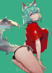 Rule 34 | 1girl, absurdres, ahoge, animal ear fluff, animal ears, arrow (symbol), ass, black panties, bouncing breasts, bracelet, breasts, cat ears, cat girl, closed mouth, clothes writing, commentary, cowboy shot, eyelashes, from side, green background, hand on own thigh, highres, jewelry, koi han, lace, lace-trimmed panties, lace trim, large breasts, motion lines, no pants, original, panties, purple eyes, red shirt, shirt, short hair, short sleeves, side-tie panties, simple background, slit pupils, solo, symbol-only commentary, tail, tail wagging, underwear