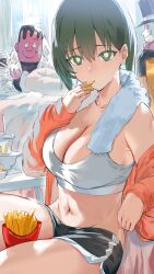 Rule 34 | 1girl, absurdres, bare shoulders, black shorts, blush, breasts, cleavage, closed mouth, food, french fries, girlfriend (yoru mac), green eyes, hews, highres, large breasts, long hair, long sleeves, looking at viewer, navel, off shoulder, open clothes, product girl, short hair, short shorts, shorts, sports bra, stomach, tagme, thighs, white sports bra, yoru mac