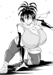Rule 34 | 1girl, arm guards, blush, breasts, cleavage, female focus, fingerless gloves, gigantic breasts, gloves, highres, huge breasts, looking at viewer, manyuu chifusa, manyuu hikenchou, medium hair, monochrome, ogakuzujhon, petals, ponytail, sandals, scarf, smile, solo, thick thighs, thighhighs, thighs, toes