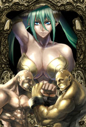 Rule 34 | 1girl, 2boys, abs, adon (cho aniki), armpits, bald, bare shoulders, benten (cho aniki), biceps, blue eyes, breasts, cho aniki, cho aniki zero, cleavage, clenched hand, cuffs, elbow gloves, gloves, green hair, grin, hairpods, highres, large breasts, long hair, multiple boys, muscular, pasties, pointy ears, samson, shackles, shiny skin, smile, sweat, tan, twintails, zunta