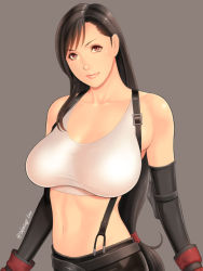 Rule 34 | 1girl, black skirt, breasts, brown eyes, collarbone, commentary request, covering privates, covering breasts, earrings, elbow gloves, elbow pads, final fantasy, final fantasy vii, final fantasy vii remake, gloves, grey background, jewelry, large breasts, long hair, low-tied long hair, midriff, pencil skirt, pink lips, shirt, skirt, solo, suspender skirt, suspenders, takasugi kou, tank top, taut clothes, taut shirt, tifa lockhart, twitter username, upper body