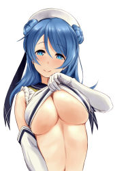 Rule 34 | 10s, 1girl, :q, blue eyes, blue hair, breasts, cleavage, clothes lift, double bun, elbow gloves, gloves, hair bun, hat, heart, heart-shaped pupils, highres, kantai collection, large breasts, long hair, matching hair/eyes, navel, school uniform, serafuku, shirt lift, sleeves rolled up, solo, symbol-shaped pupils, tongue, tongue out, underboob, urakaze (kancolle), wa (genryusui), white hat
