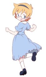 Rule 34 | 10s, 1girl, :d, agenasu, blue dress, blue eyes, blush, child, clenched hands, collar, dress, eyelashes, freckles, from behind, full body, glasses, hairband, highres, leg lift, little witch academia, looking at viewer, looking back, lotte jansson, open mouth, orange hair, puffy short sleeves, puffy sleeves, round eyewear, semi-rimless eyewear, shoe soles, short hair, short sleeves, simple background, smile, socks, solo, standing, standing on one leg, tareme, under-rim eyewear, white background, aged down