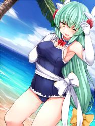 Rule 34 | 1girl, ;d, alternate costume, aqua hair, armpits, bad id, bad pixiv id, beach, blush, bow, breasts, cowboy shot, day, detached collar, dragon girl, dragon horns, elbow gloves, fate/grand order, fate (series), flower, gloves, gluteal fold, hair bow, hair flower, hair ornament, horns, jirou (tamaho39), kiyohime (fate), kiyohime (swimsuit lancer) (second ascension) (fate), long hair, looking at viewer, medium breasts, one-piece swimsuit, one eye closed, open mouth, outdoors, sash, sideboob, smile, solo, swimsuit, very long hair, white gloves, yellow bow, yellow eyes