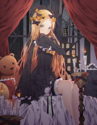 Rule 34 | 1girl, abigail williams (fate), bed sheet, black bow, black dress, black hat, blonde hair, blue eyes, bow, candle, dress, fate/grand order, fate (series), frilled sleeves, frills, hair bow, hat, highres, indoors, kim jin (tmxhfl4490), long hair, looking at viewer, orange bow, parted bangs, short dress, short shorts, shorts, shorts under dress, sitting, sleeves past wrists, solo, stuffed animal, stuffed toy, teddy bear, very long hair, white shorts