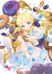 Rule 34 | 1boy, :q, bag, blonde hair, blue eyes, blurry, candy, depth of field, doughnut, fate/grand order, fate/requiem, fate (series), food, food on face, highres, konpeitou, male focus, n:go, paper bag, robe, scarf, smile, tongue, tongue out, voyager (fate), yellow scarf