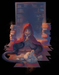 Rule 34 | 1girl, absurdres, betabeet, book, book stack, bookshelf, cloak, closed mouth, commentary request, damaged, dress, grey hair, hair between eyes, hands up, highres, hood, hood up, hooded cloak, looking at viewer, on floor, original, own hands together, purple eyes, red cloak, sitting, smile, solo, stuffed animal, stuffed rabbit, stuffed toy, tentacles, white dress
