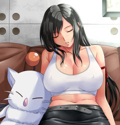 Rule 34 | 1990s (style), 1girl, arm ribbon, bare arms, bare shoulders, belt, black hair, black skirt, breasts, cleavage, collarbone, couch, covered erect nipples, final fantasy, final fantasy vii, highres, large breasts, long hair, moogle, navel, parted lips, pencil skirt, red ribbon, retro artstyle, ribbon, skirt, sleeping, switch01, tank top, tifa lockhart, upper body