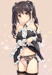 Rule 34 | 1girl, :o, apron, bare shoulders, black bow, black dress, black hair, bow, brown eyes, brown thighhighs, clothes lift, collarbone, cowboy shot, curly hair, detached collar, detached sleeves, dress, dress lift, frilled dress, frills, garter belt, hair bow, long hair, long sleeves, looking at viewer, maid, maid apron, n.g., navel, original, panties, parted lips, pink panties, sidelocks, solo, standing, stomach, strapless, strapless dress, thighhighs, twintails, underwear, waist apron