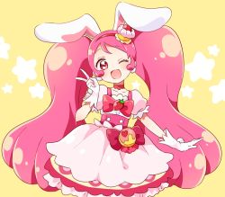 Rule 34 | 10s, 1girl, ;d, animal ears, buttons, choker, collarbone, cowboy shot, cupcake, cure whip, dress, earrings, extra ears, eyelashes, food, frilled dress, frills, fruit, gloves, hair ornament, hairband, highres, jewelry, kirakira precure a la mode, long hair, looking at viewer, magical girl, namori, one eye closed, open mouth, pink eyes, pink hair, pom pom (clothes), pom pom earrings, precure, puffy short sleeves, puffy sleeves, rabbit ears, short sleeves, smile, solo, star (symbol), strawberry, tareme, twintails, usami ichika, v, very long hair, white gloves, yellow background
