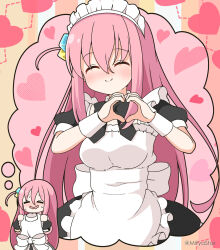 Rule 34 | 1girl, ^ ^, alternate costume, apron, black bow, black dress, blush, bocchi the rock!, bow, breasts, closed eyes, closed mouth, commentary request, cube hair ornament, dress, enmaided, frilled apron, frills, gotoh hitori, hair between eyes, hair ornament, heart, heart background, heart hands, holding, holding clothes, holding dress, imagining, jacket, long hair, maid, maid apron, maid headdress, medium breasts, mitya, multiple views, open mouth, pink hair, pink jacket, puffy short sleeves, puffy sleeves, short sleeves, track jacket, twitter username, very long hair, wavy mouth, white apron, wrist cuffs