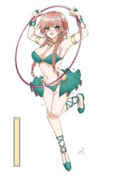 Rule 34 | 1girl, :3, armlet, armpits, arms up, averting eyes, bandeau, bangle, bare shoulders, blush, bracelet, braid, breasts, brown hair, butterfly hair ornament, cleavage, clenched hands, dancer, earrings, embarrassed, female focus, full body, green bandeau, green eyes, green footwear, green panties, green skirt, groin, hair ornament, half-closed eyes, have to pee, highres, holding, hoop, hula hoop, jewelry, knees together feet apart, leg up, long hair, looking down, navel, necklace, nervous smile, nose blush, o-ring, o-ring top, open mouth, original, panties, ring, shoes, showgirl skirt, sidelocks, simple background, skirt, smile, solo, standing, standing on one leg, stomach, suigyoku hiren, sweat, trembling, twin braids, underwear, urine meter, white background