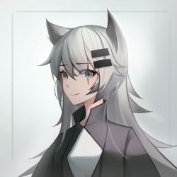 Rule 34 | 1girl, animal ears, arknights, black coat, closed mouth, coat, grey background, grey eyes, grey hair, hair ornament, hairclip, highres, lappland (arknights), long hair, long sleeves, looking at viewer, oldercat, scar, scar on face, smile, solo, upper body, wolf ears, wolf girl
