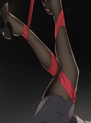Rule 34 | 1girl, black background, black footwear, black pantyhose, black skirt, commentary request, high heels, legs, legs up, lower body, office lady, original, out of frame, pantyhose, red ribbon, restrained, ribbon, simple background, skirt, solo, upside-down, yumemi (kiowa)