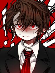 Rule 34 | !, !!, black jacket, bright pupils, brown hair, collared shirt, commentary request, employee (project moon), formal, jacket, lobotomy corporation, looking at viewer, male focus, necktie, portrait, project moon, red background, red eyes, red necktie, scared, shirt, short hair, shot (urem), suit, sweat, white pupils, white shirt