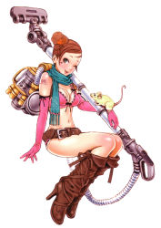 Rule 34 | 1girl, absurdres, aqua scarf, belt, belt skirt, boots, breasts, brown footwear, brown hair, cleavage, detached sleeves, full body, gloves, hair bun, hair ornament, heart, heart hair ornament, high heel boots, high heels, highres, knee boots, lace, lace trim, leather, leather boots, looking at viewer, medium breasts, mouse (animal), one eye closed, pink gloves, scarf, simple background, single hair bun, solo, tattoo, vacuum cleaner, white background, wild flower, wink, yamashita shun&#039;ya