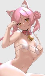 Rule 34 | 1girl, animal ear fluff, animal ears, bare arms, bell, bikini, blush, bottomless, breasts, cat ears, cat girl, cat tail, closed mouth, collar, commentary, double bun, english commentary, eyepatch bikini, female focus, grey background, hair bun, hand up, looking at viewer, medium breasts, micro bikini, navel, neck bell, original, pink collar, pink hair, simple background, skeptycally, smile, solo, swimsuit, tail, twitter username, white bikini, yellow eyes