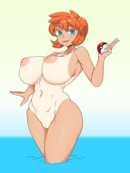 Rule 34 | 1girl, absurdres, aqua eyes, armpits, arms up, breasts, cleft of venus, completely nude, cowboy shot, creatures (company), curvy, cury, gaixas1, game freak, highres, hightes, holding, holding poke ball, huge breasts, large breasts, legs, misty (pokemon), muscular, navel, nintendo, nipples, nude, open mouth, orange hair, poke ball, pokemon, pokemon hgss, puffy nipples, pussy, short hair, simple background, smile, solo, standing, tan, thick thighs, thighs, water, wide hips