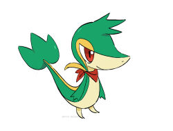 Rule 34 | alternate hairstyle, bandana, closed mouth, commentary, creatures (company), do9bessa, full body, game freak, gen 5 pokemon, nintendo, no humans, pokemon, pokemon (creature), red bandana, red eyes, red neckwear, simple background, smile, snivy, solo, standing, watermark, white background