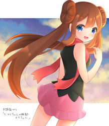 Rule 34 | 1girl, :d, bare arms, black shirt, blue eyes, blush, breasts, brown hair, commentary request, cosplay, creatures (company), dawn (pokemon), dawn (pokemon) (cosplay), double bun, floating hair, floating scarf, game freak, hair bun, hand up, highres, long hair, looking at viewer, looking back, nintendo, open mouth, pink skirt, pokemon, pokemon bw2, pokemon dppt, red scarf, rosa (pokemon), scarf, shirt, skirt, sleeveless, sleeveless shirt, smile, solo, takahara, tongue, translation request, twintails