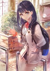 Rule 34 | 10s, 1girl, against railing, backpack, bag, black hair, black skirt, blazer, blue eyes, bow, cardigan, closed mouth, gridman universe, hand in pocket, highres, jacket, leaning back, against railing, long hair, long sleeves, looking at viewer, outstretched hand, pleated skirt, railing, red neckwear, school uniform, scrunchie, signo aaa, skirt, ssss.gridman, takarada rikka, thighs, wrist scrunchie